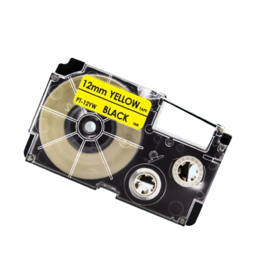 Casio XR-12YW kompatibel labeltape sort på gul 12mm